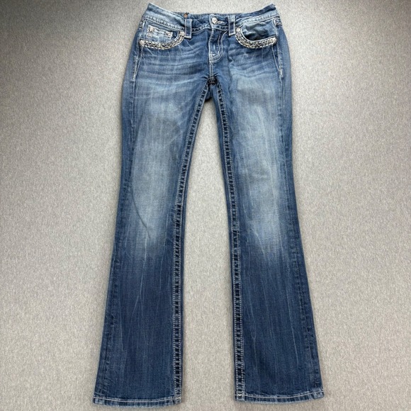 Miss Me Jeans Womens 28 Blue Medium Wash Slim Boot Low Rise Embellished Pockets - Picture 1 of 16